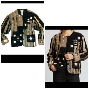 WOMENS preppy Cottage Core Cold Water Creek Cardigan cableknit tan black jacket